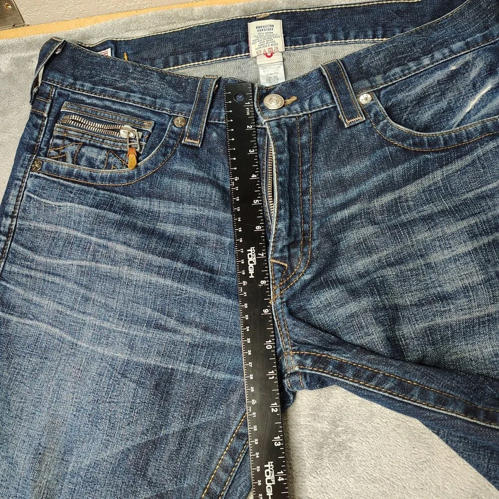 True Religion Bobby Jeans Mens 36x35 Blue Straight Leg Faded Distressed USA Made